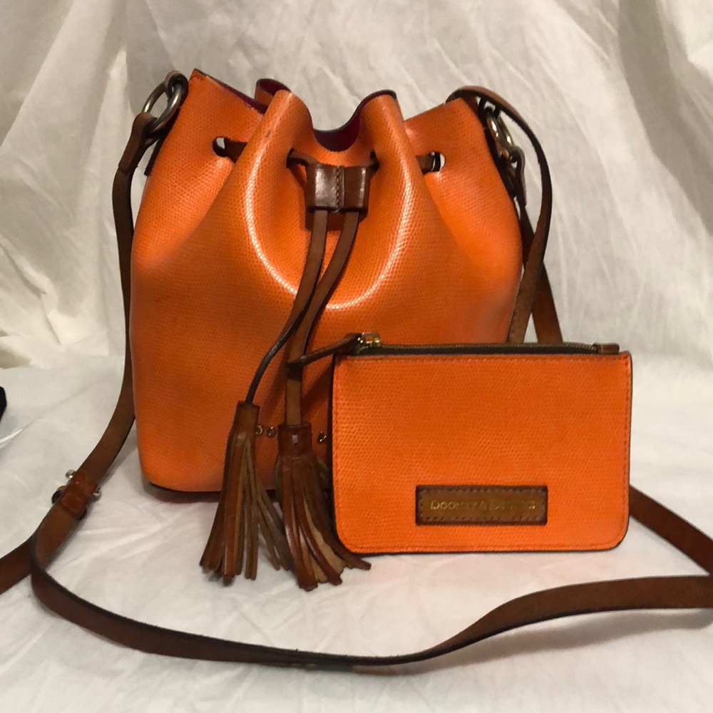 Dooney & Bourke Leather Drawstring Bucket Bag with Matching Pouch